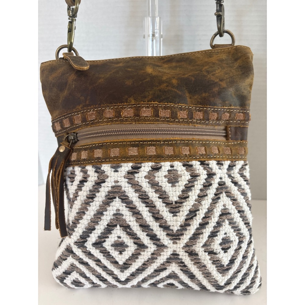 Myra Bag Small Crossbody Geometric Woven  Distressed Leather Boho Bag -see pics